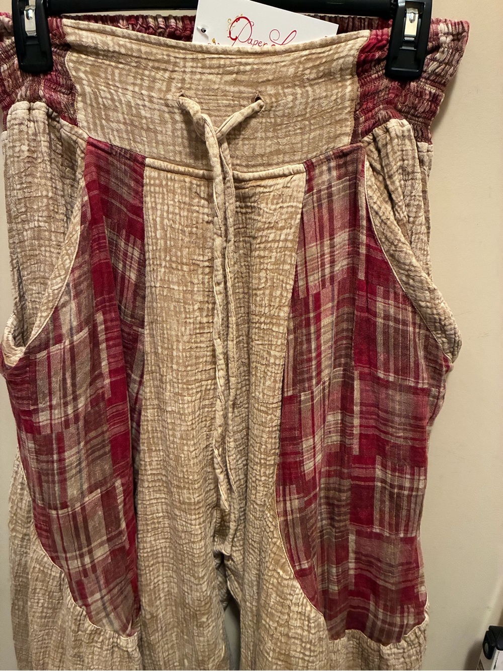 PAPER LACE Boho Wide-Leg Patchwork Pants in Tan and Red Plaid SMALL - Picture 7 of 7